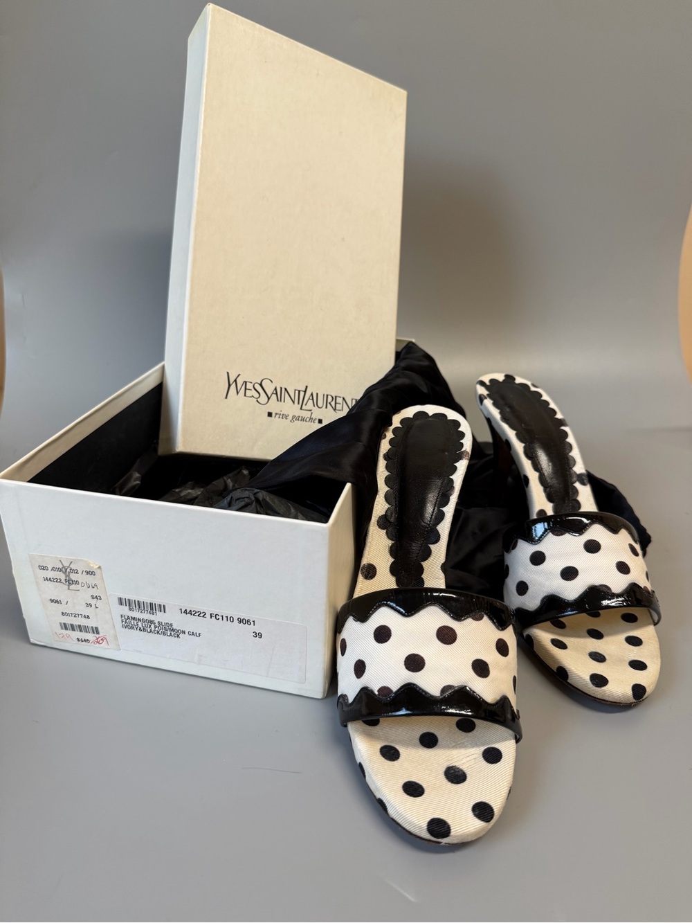 Yves Saint Laurent Black and White Polka Dot Slide Sandals - Picture 2 of 10